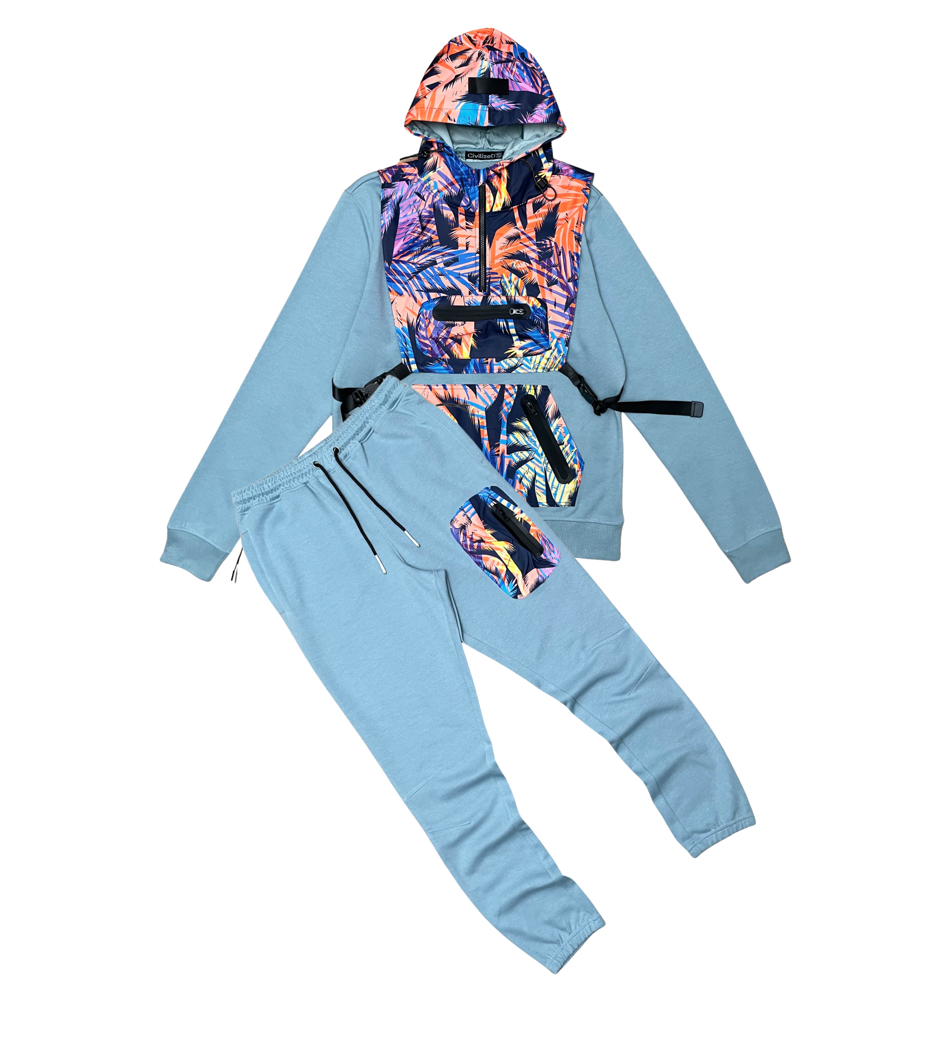 Nylon Mix Jogger Set W/ Detachable Vest + Hoodie - Light Blue | Civilized _8